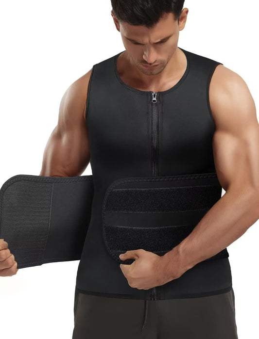 Sauna Suit for Men with Waist Trainer,Neoprene Hot Sweat Vest Zipper Body Shaper with Adjustable Sweat Belt Workout Tank Top Black Large
