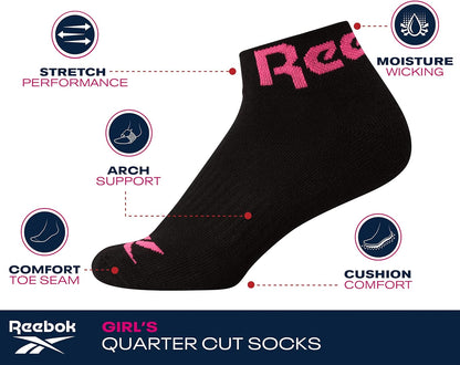 Girls' Quarter Socks - 6 Pack Moisture-Wicking Low Cut Athletic Ankle Socks for Girls (Sizes: S-L)